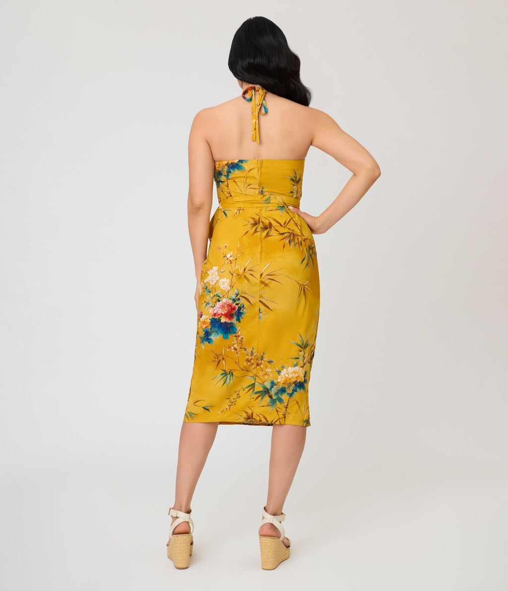 Unique Vintage Mustard Floral Leilani Sarong Dress - Unique Vintage - Womens, DRESSES, WIGGLE