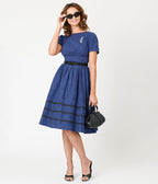 Unique Vintage Navy & Black Peacock Pin Cotton Swing Dress - Unique Vintage - Womens, DRESSES, SWING