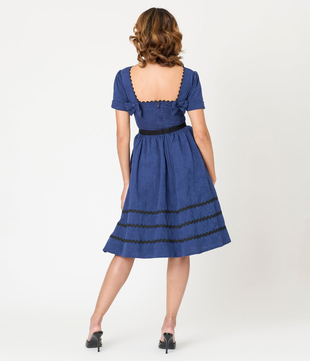 Unique Vintage Navy & Black Peacock Pin Cotton Swing Dress Unique Vintage Navy & Black Peacock Pin Cotton Swing Dress
