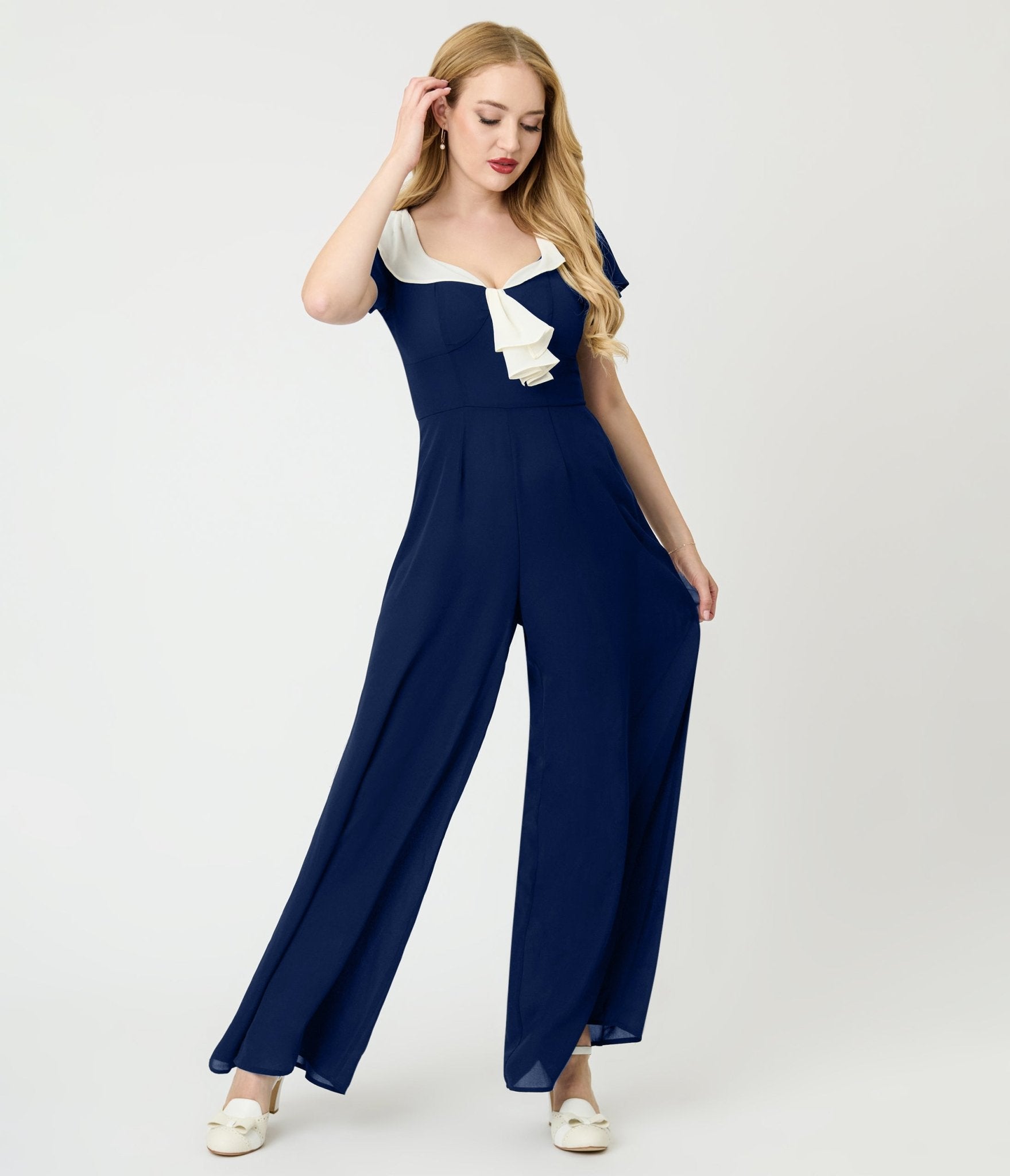 Unique Vintage Navy Blue Wide Leg Jumpsuit - Unique Vintage - Womens, BOTTOMS, ROMPERS AND JUMPSUITS