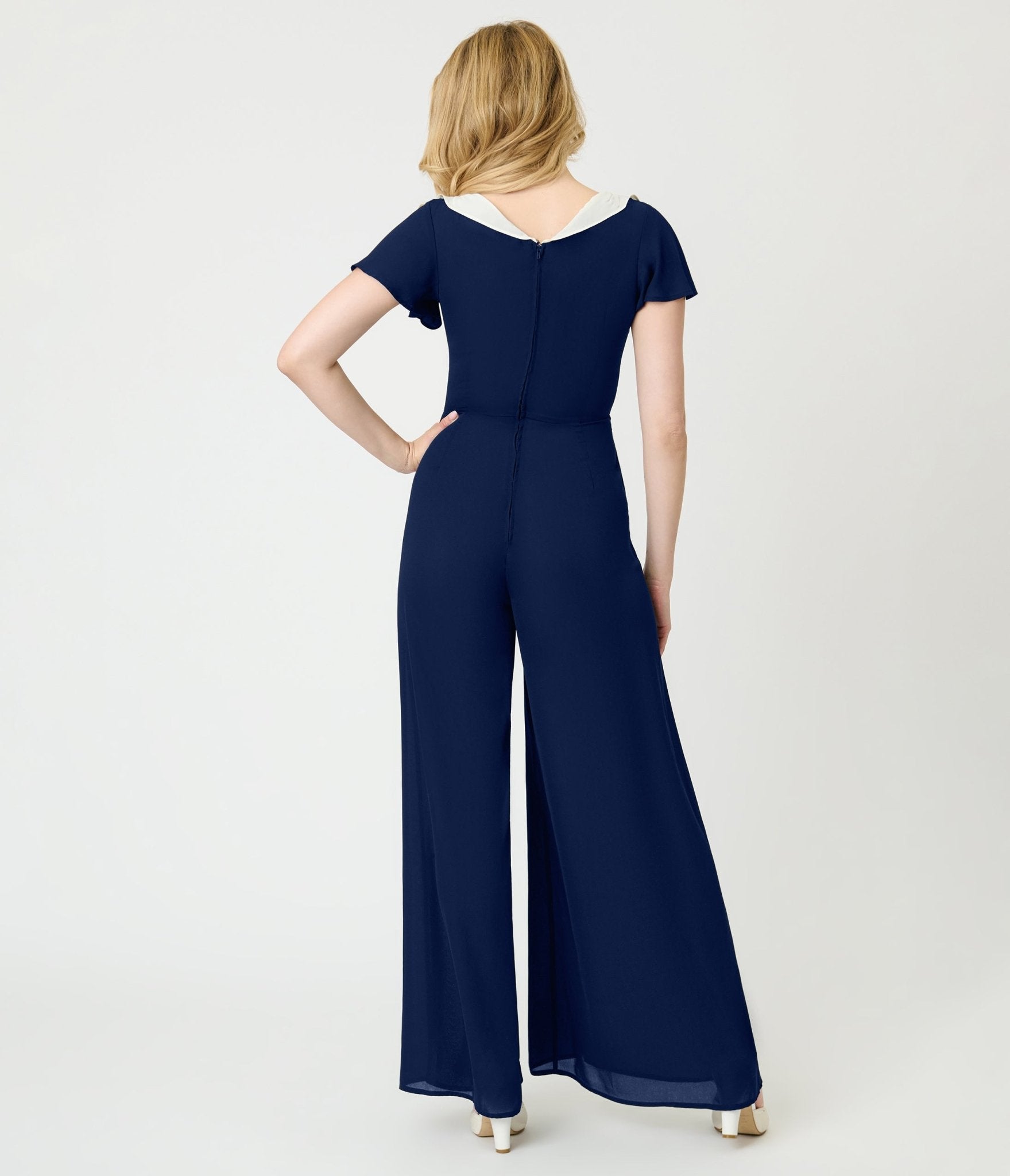 Unique Vintage Navy Blue Wide Leg Jumpsuit - Unique Vintage - Womens, BOTTOMS, ROMPERS AND JUMPSUITS