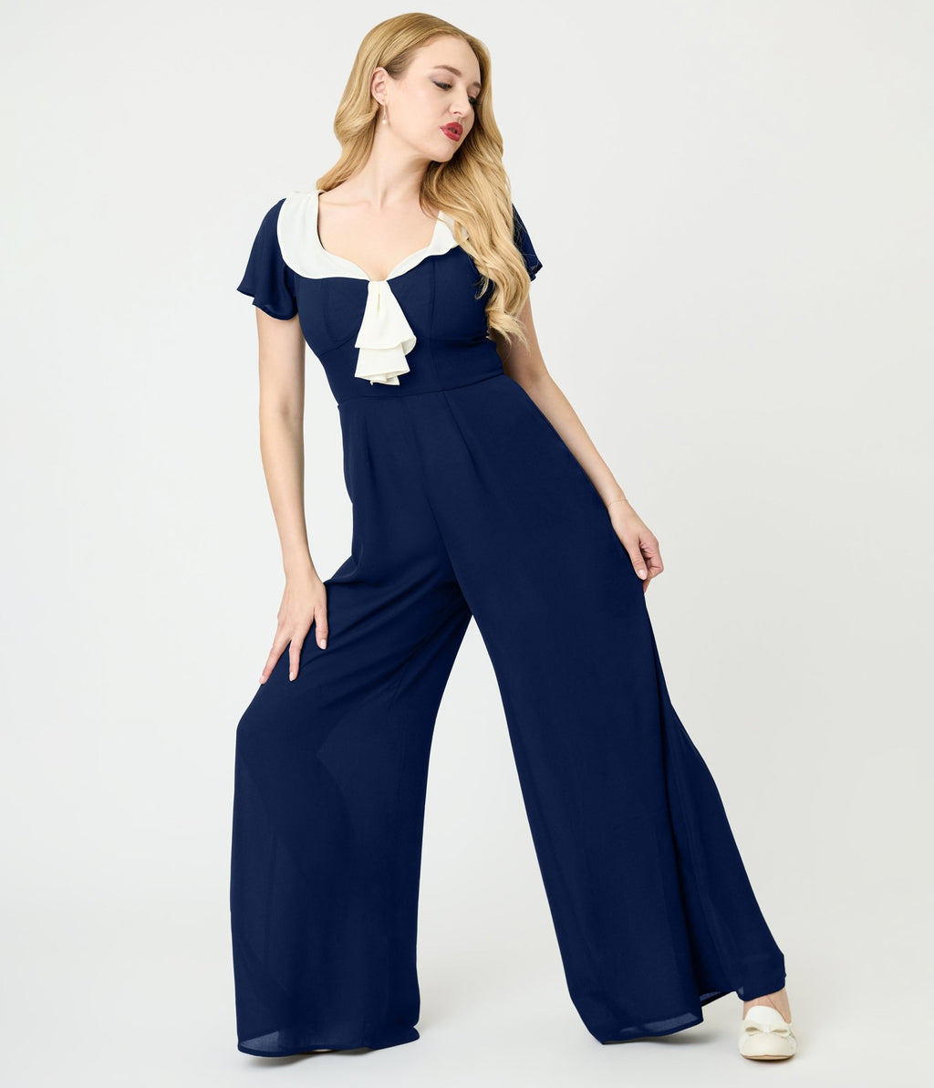 Unique Vintage Navy Blue Wide Leg Jumpsuit - Unique Vintage - Womens, BOTTOMS, ROMPERS AND JUMPSUITS