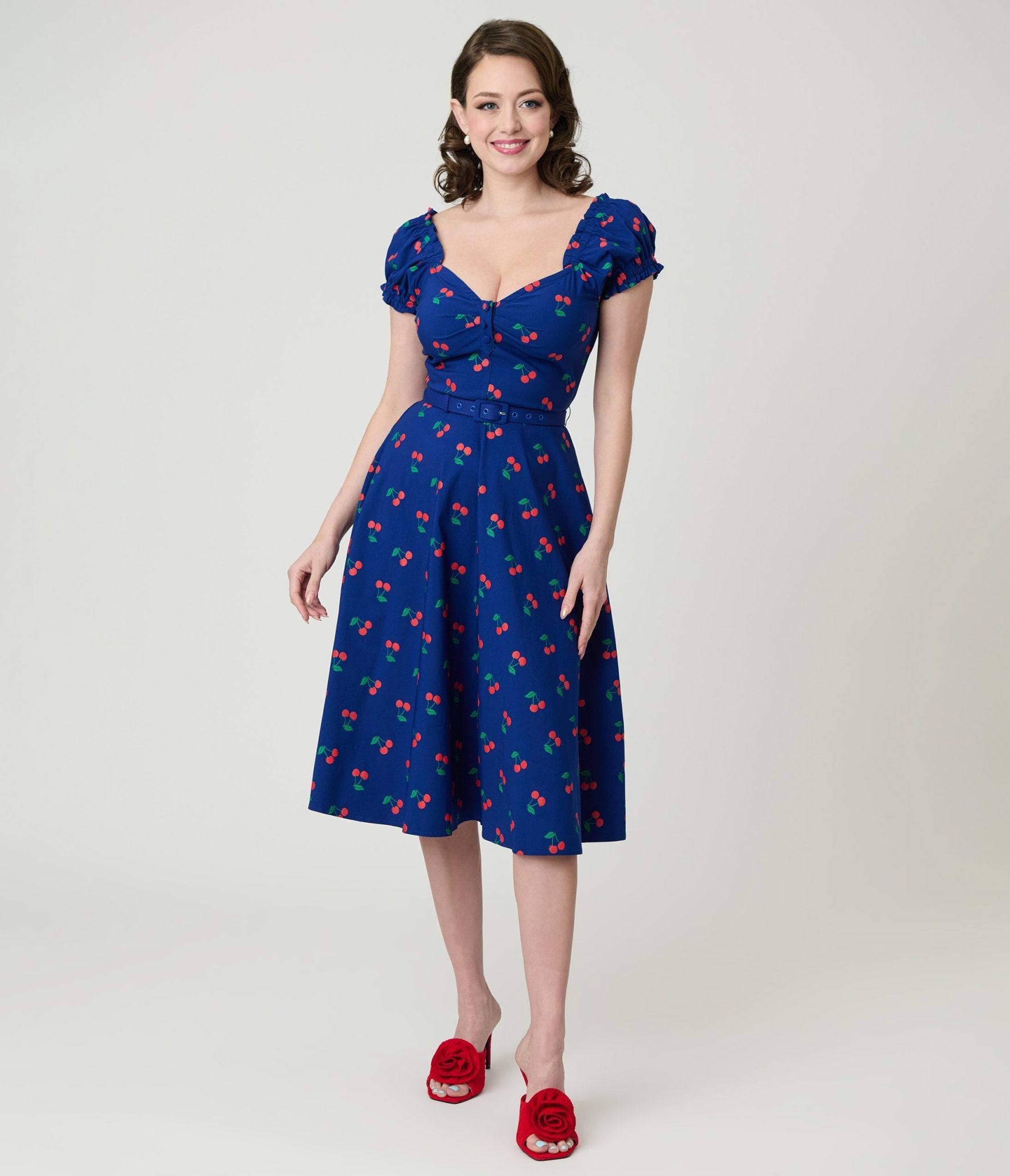 Unique Vintage Navy & Cherries Ohara Swing Dress
