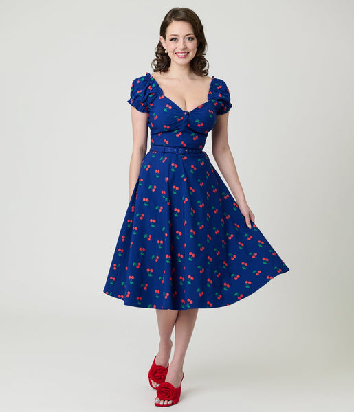 Unique Vintage Navy & Cherries Ohara Swing Dress
