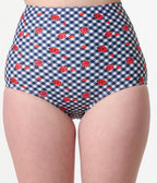 Unique Vintage Navy Gingham & Ladybug Print High Waist Louise Swim Bottom - Unique Vintage - Womens, SWIM, BOTTOM