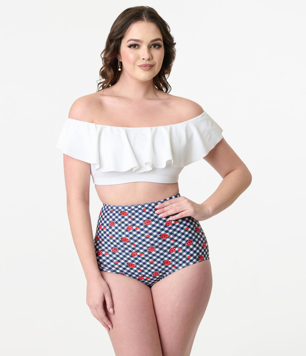 Unique Vintage Navy Gingham & Ladybug Print High Waist Louise Swim Bottom - Unique Vintage - Womens, SWIM, BOTTOM
