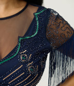 Unique Vintage Navy & Green Peacock Beaded Nadine Fringe Flapper Dress - Unique Vintage - Womens, FLAPPER, SLEEVED BEADED