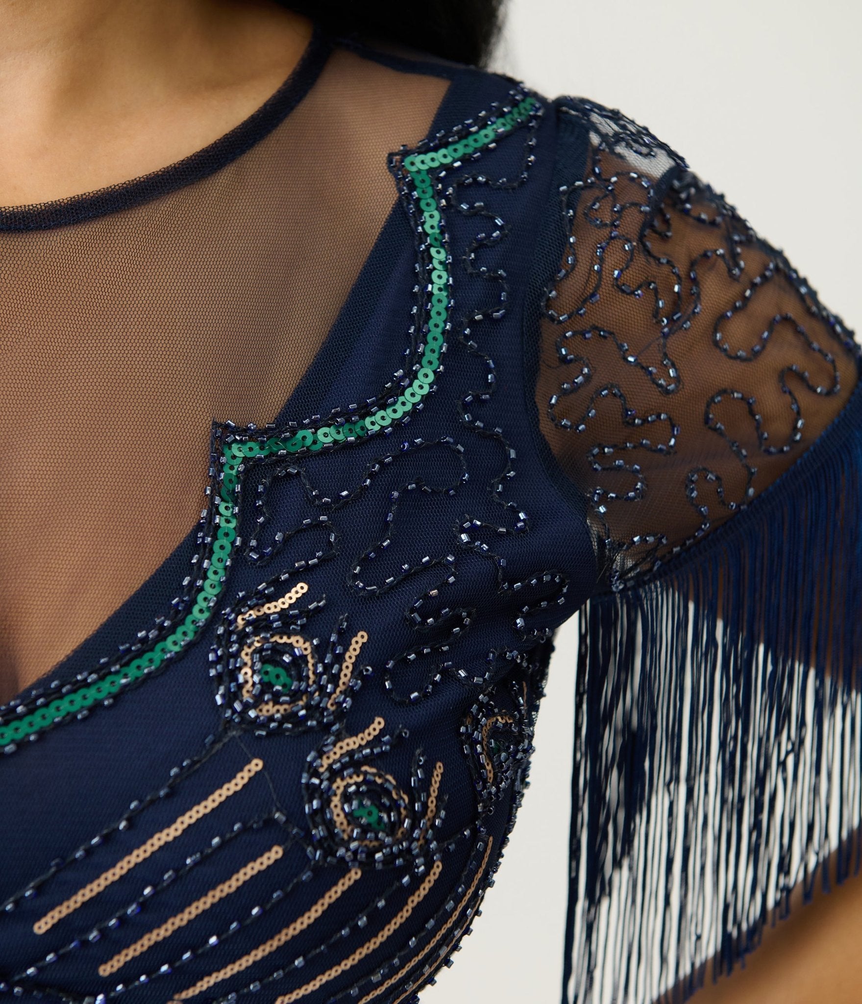 Unique Vintage Navy & Green Peacock Beaded Nadine Fringe Flapper Dress - Unique Vintage - Womens, FLAPPER, SLEEVED BEADED