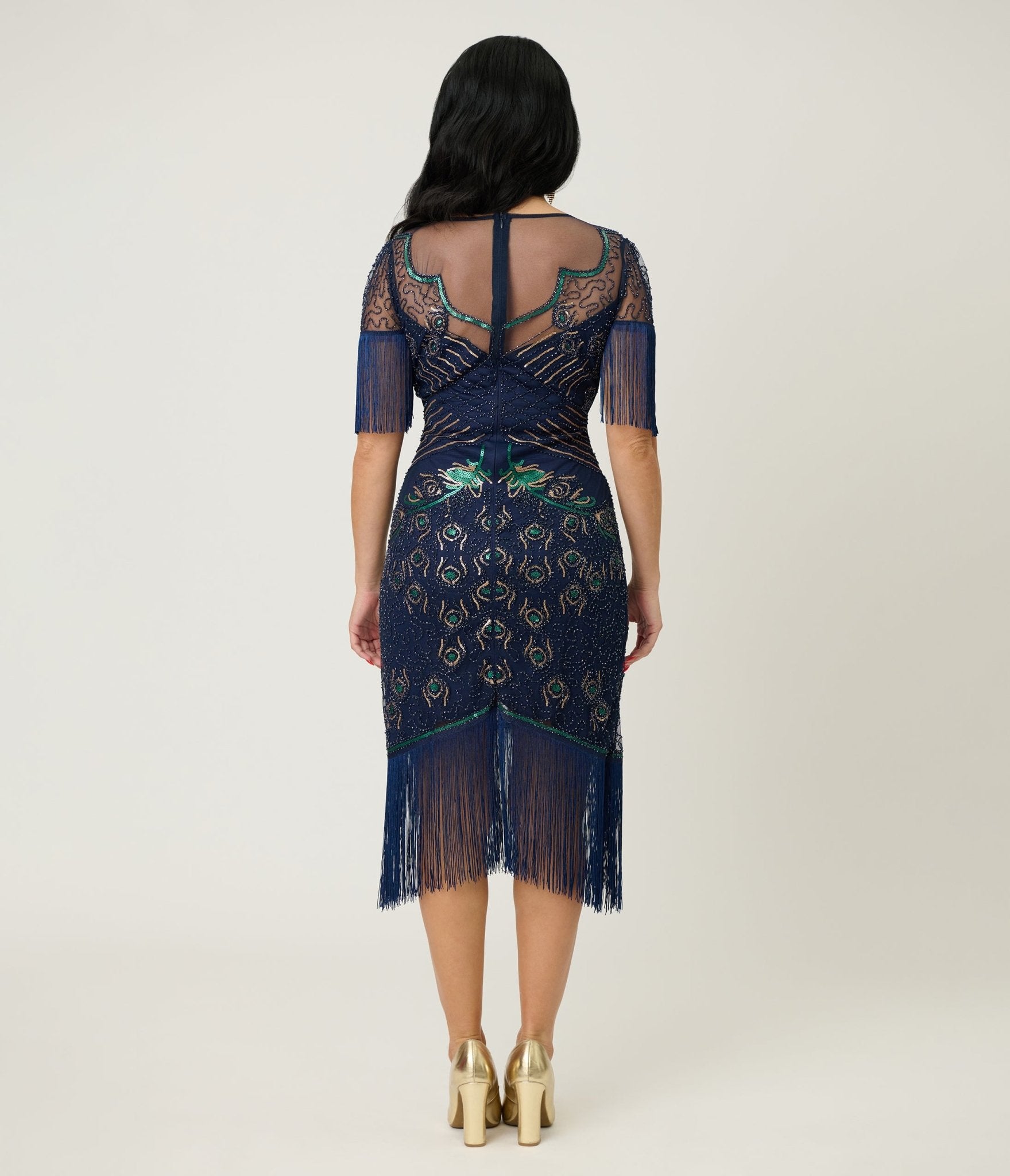 Unique Vintage Navy & Green Peacock Beaded Nadine Fringe Flapper Dress - Unique Vintage - Womens, FLAPPER, SLEEVED BEADED