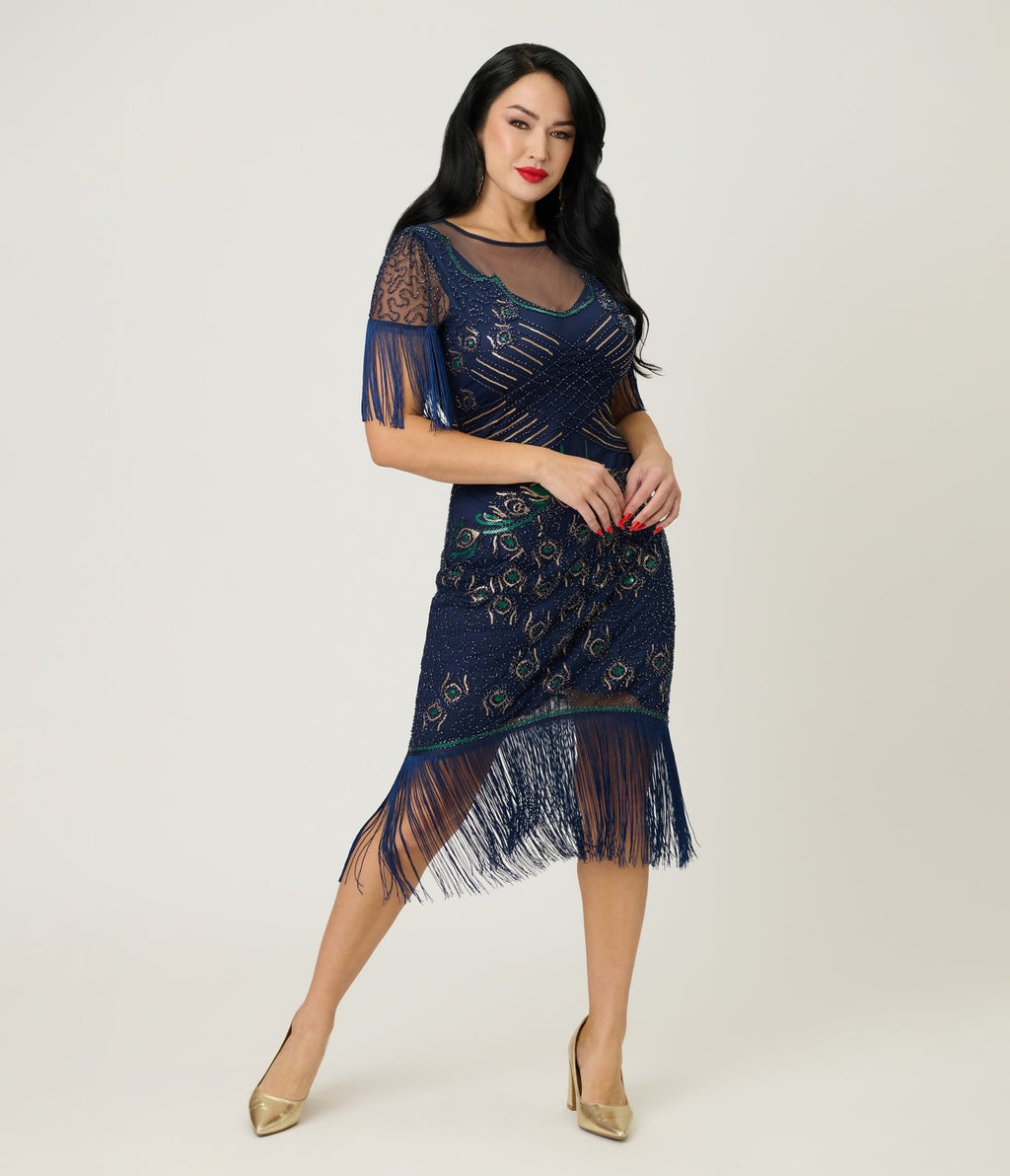 Unique Vintage Navy & Green Peacock Beaded Nadine Fringe Flapper Dress - Unique Vintage - Womens, FLAPPER, SLEEVED BEADED