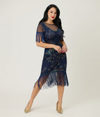 Unique Vintage Navy & Green Peacock Beaded Nadine Fringe Flapper Dress - Unique Vintage - Womens, FLAPPER, SLEEVED BEADED