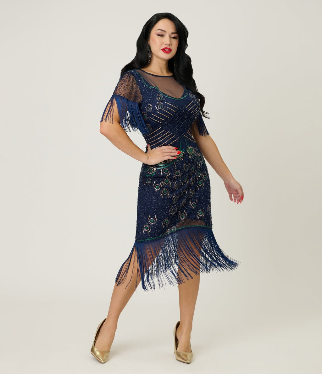 Unique Vintage Navy & Green Peacock Beaded Nadine Fringe Flapper Dress - Unique Vintage - Womens, FLAPPER, SLEEVED BEADED