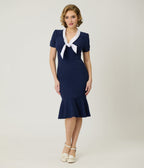 Unique Vintage Navy Holloway Wiggle Dress - Unique Vintage - Womens, DRESSES, WIGGLE