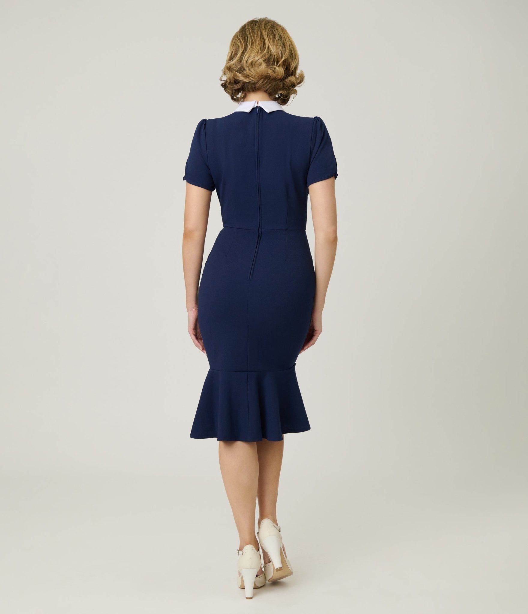 knee length wiggle dress Unique Vintage Navy Holloway Wiggle Dress L/12-14