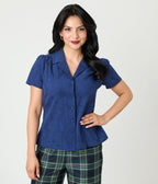Unique Vintage Navy Jacquard Notched Collar Cotton Blouse - Unique Vintage - Womens, TOPS, WOVEN TOPS