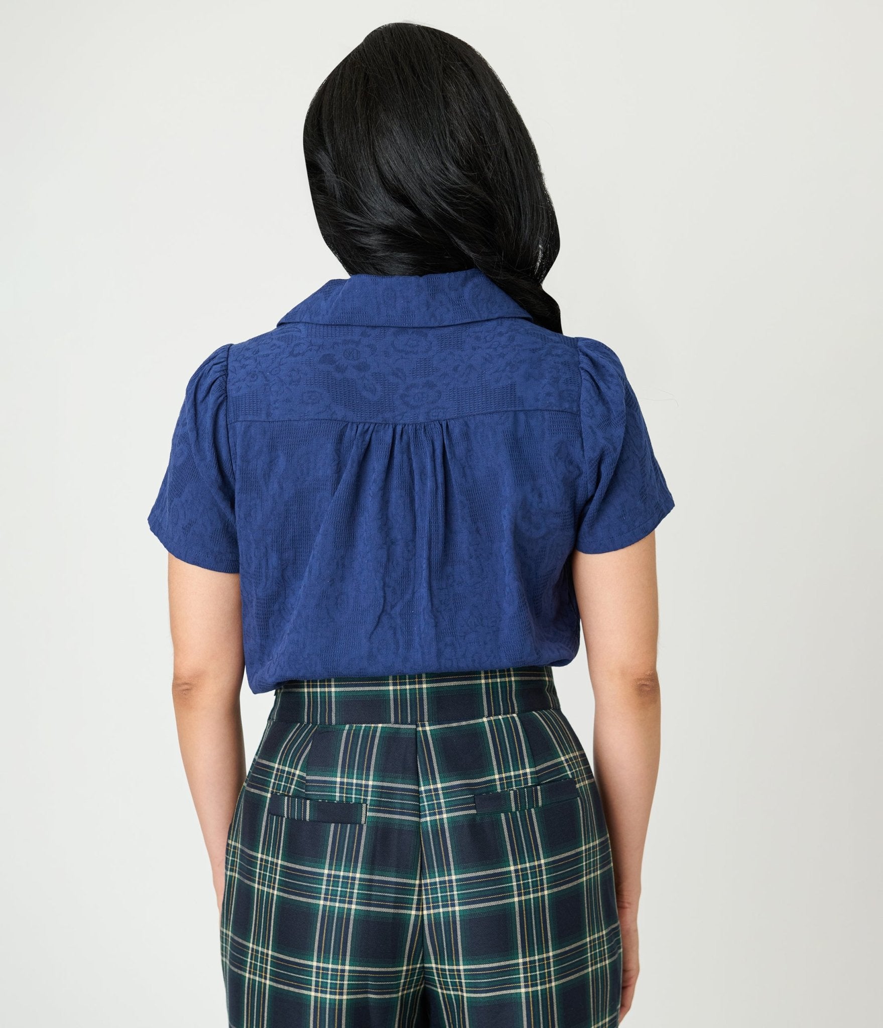 Unique Vintage Navy Jacquard Notched Collar Cotton Blouse - Unique Vintage - Womens, TOPS, WOVEN TOPS