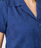 Unique Vintage Navy Jacquard Notched Collar Cotton Blouse - Unique Vintage - Womens, TOPS, WOVEN TOPS