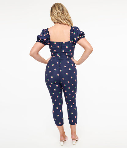 Unique Vintage Navy & Pink Strawberry Stamp Belted Jumpsuit - Unique Vintage - Womens, BOTTOMS, ROMPERS AND JUMPSUITS