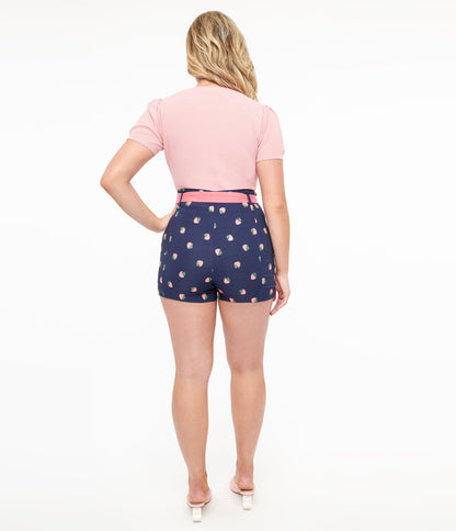 Unique Vintage Navy & Pink Strawberry Stamp Tied & True Shorts - Unique Vintage - Womens, BOTTOMS, SHORTS