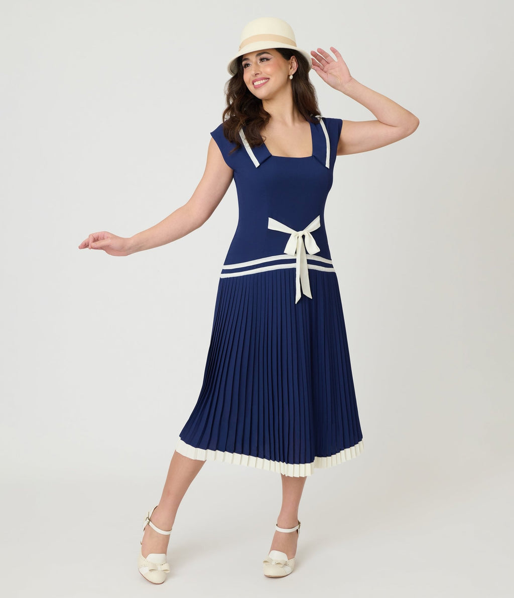 Unique Vintage Navy Pleated Flapper Day Dress - Unique Vintage - Womens, FLAPPER, DRESSES