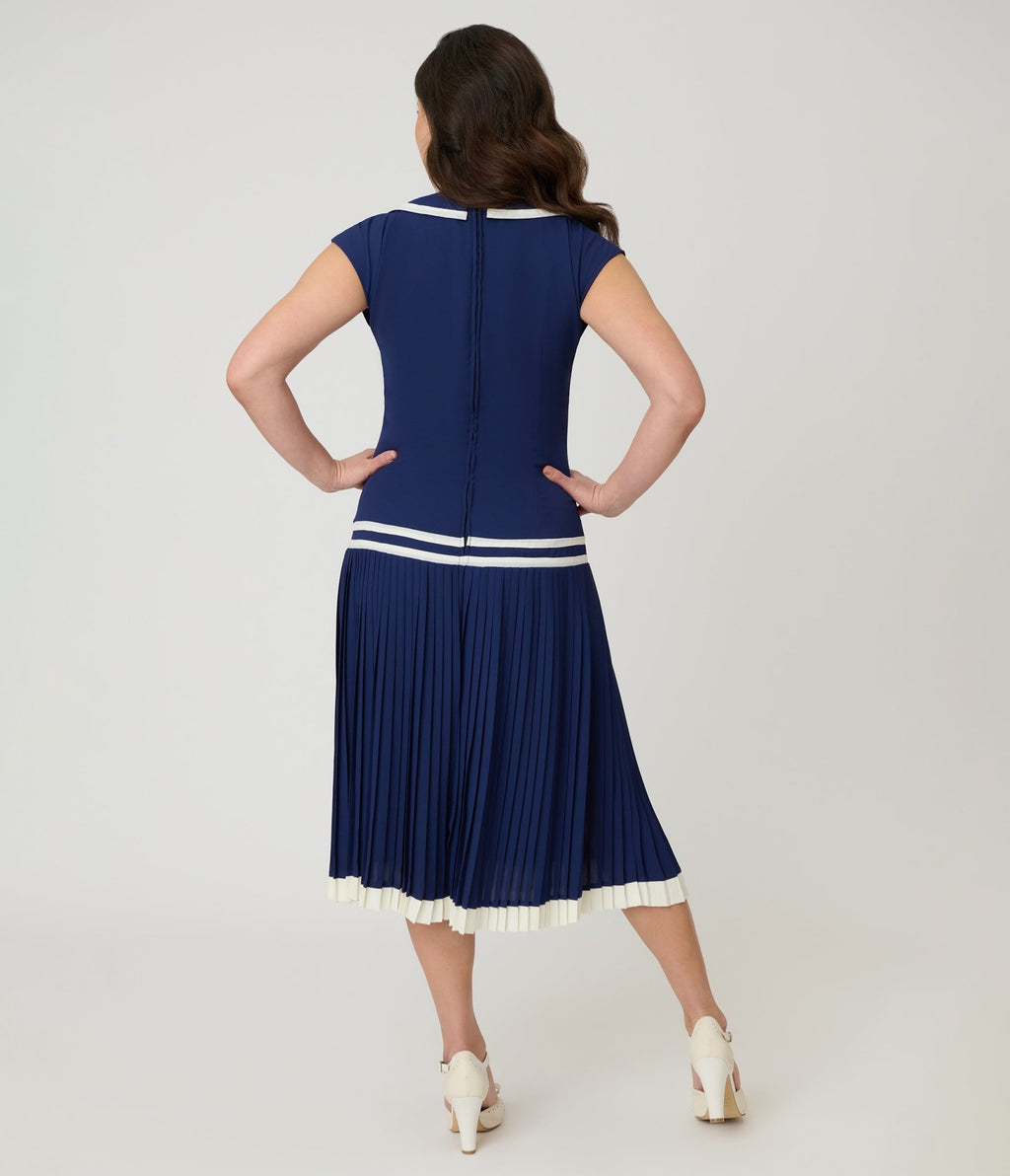 Unique Vintage Navy Pleated Flapper Day Dress - Unique Vintage - Womens, FLAPPER, DRESSES
