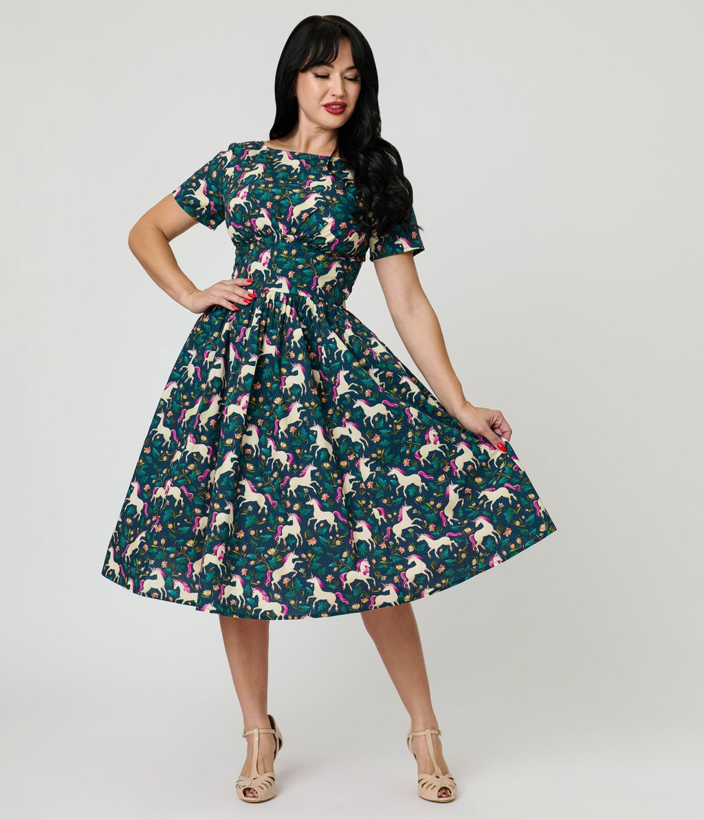 Unique Vintage Navy Unicorn Print Cotton Swing Dress - Unique Vintage - Womens, DRESSES, SWING