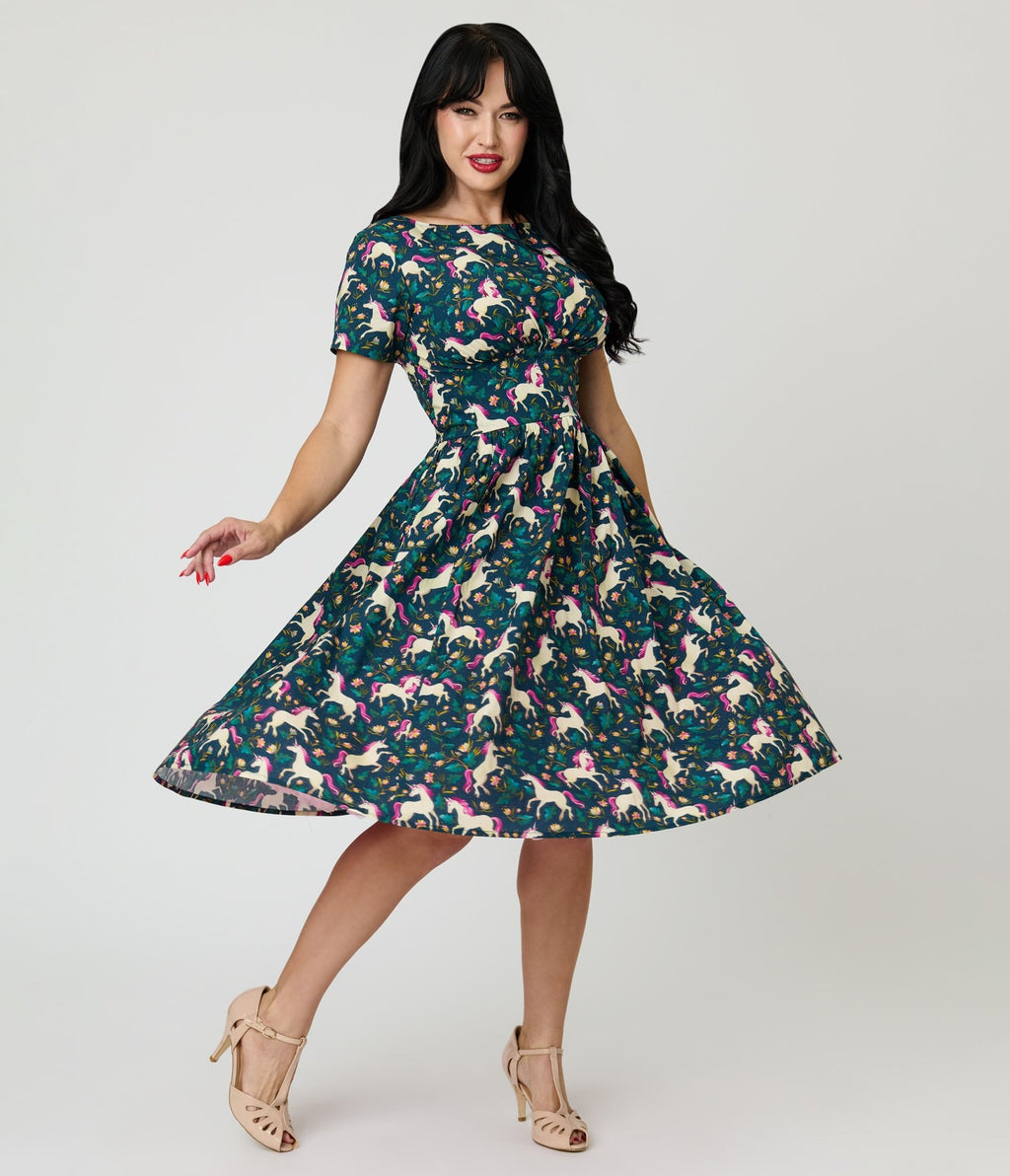 Unique Vintage Navy Unicorn Print Cotton Swing Dress - Unique Vintage - Womens, DRESSES, SWING