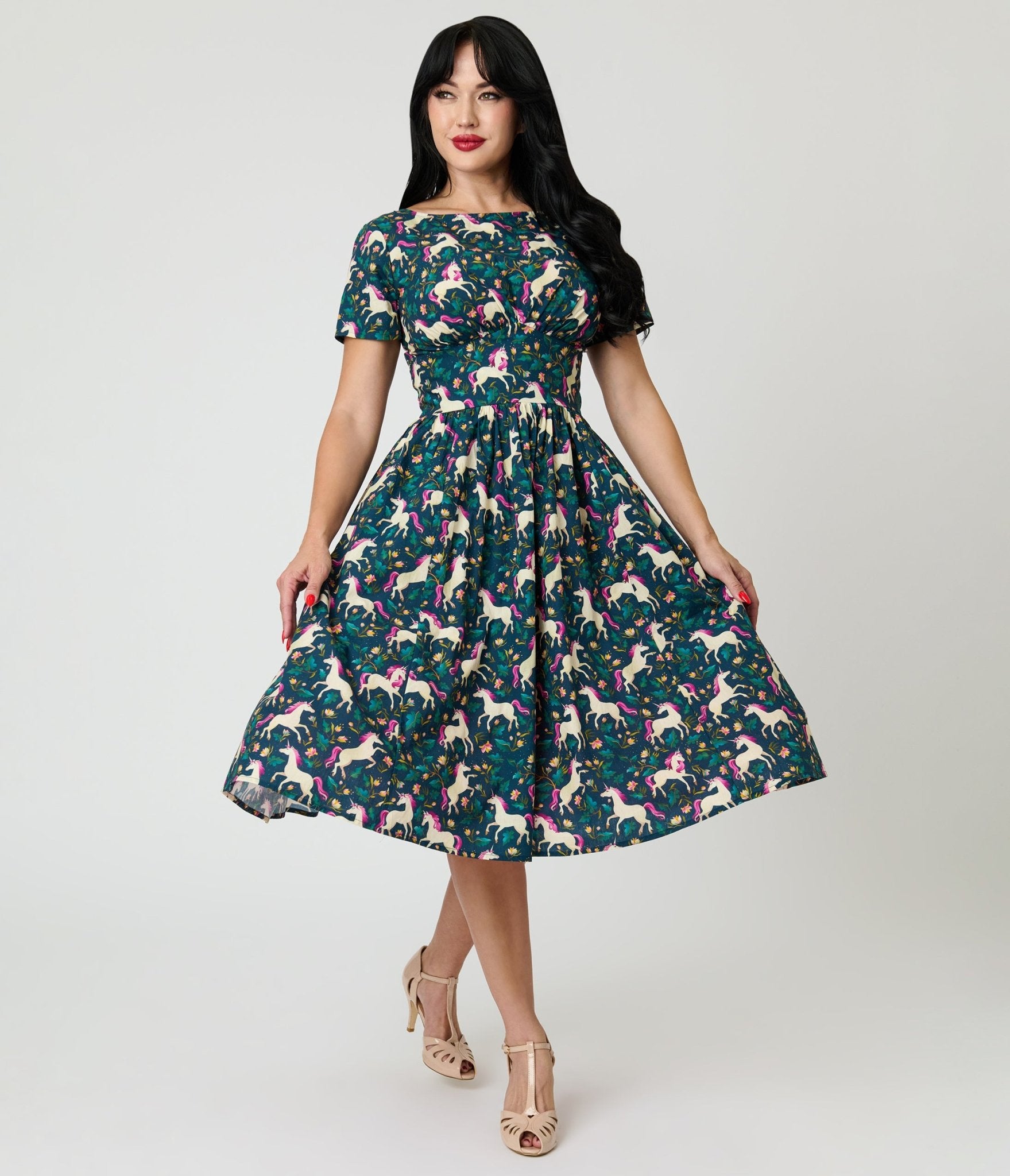 Unique Vintage Navy Unicorn Print Cotton Swing Dress - Unique Vintage - Womens, DRESSES, SWING