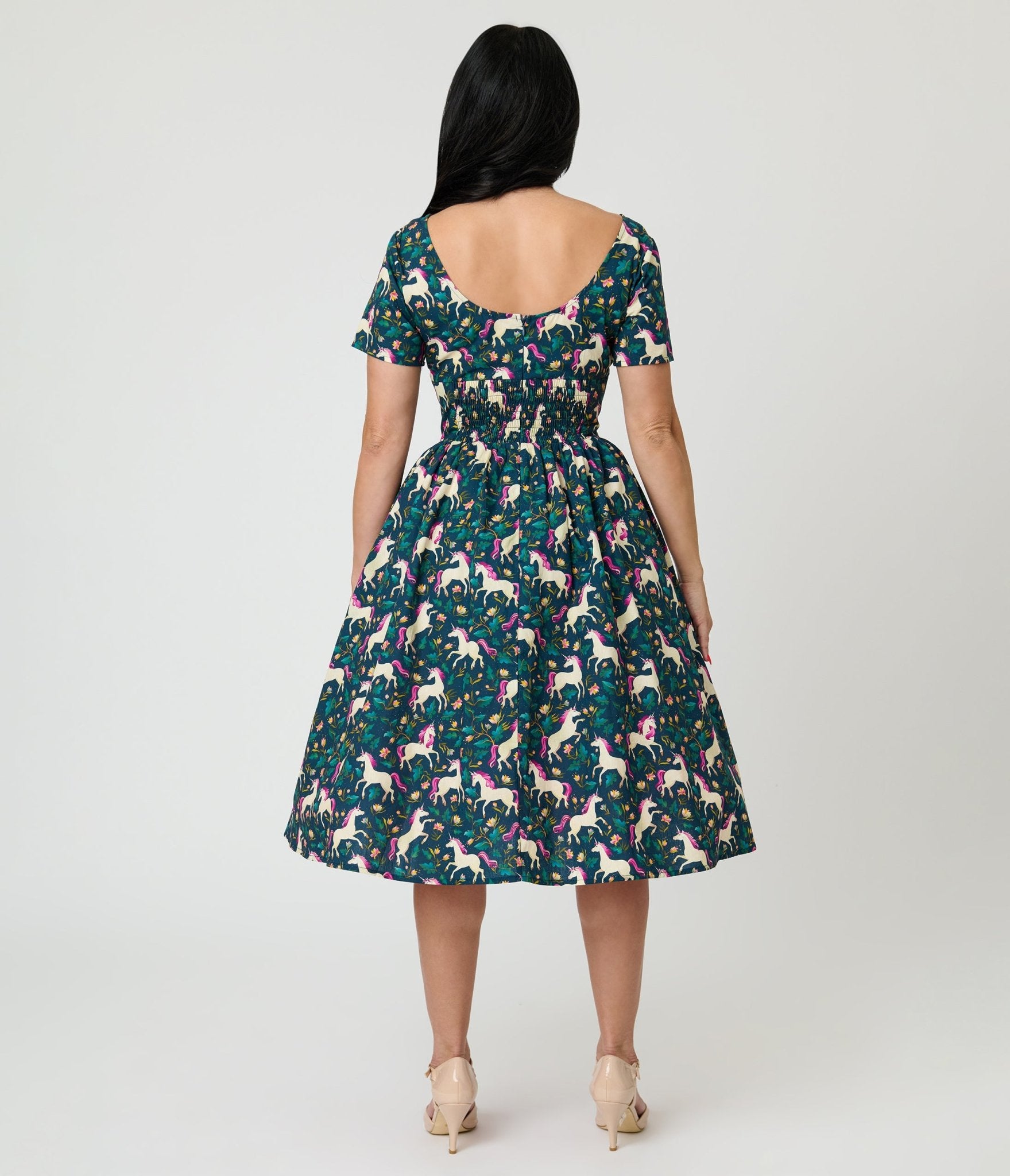 Unique Vintage Navy Unicorn Print Cotton Swing Dress - Unique Vintage - Womens, DRESSES, SWING