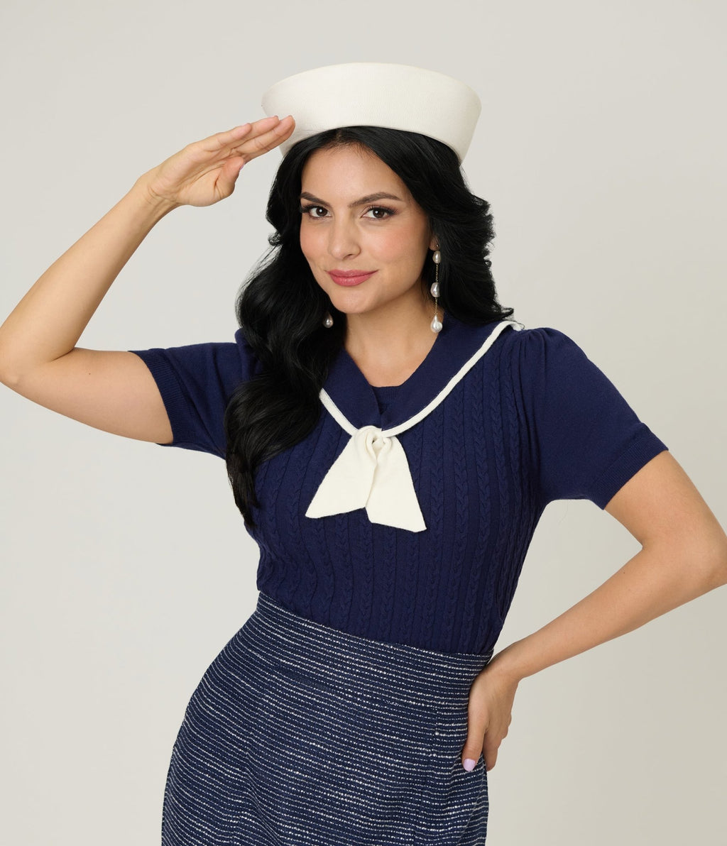 Unique Vintage Navy & White Cable Knit Neck Tie Park City Sweater - Unique Vintage - Womens, TOPS, SWEATERS
