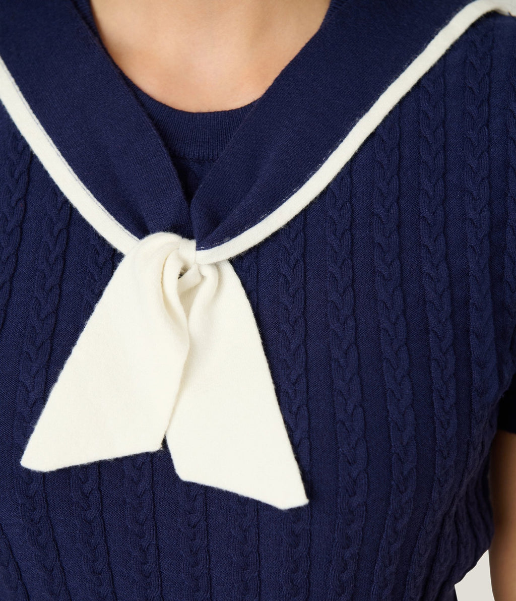 Unique Vintage Navy & White Cable Knit Neck Tie Park City Sweater - Unique Vintage - Womens, TOPS, SWEATERS