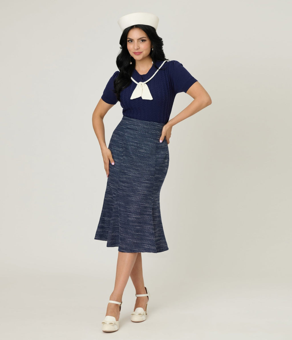 Unique Vintage Navy & White Cable Knit Neck Tie Park City Sweater - Unique Vintage - Womens, TOPS, SWEATERS