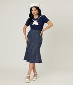 Unique Vintage Navy & White Cable Knit Neck Tie Park City Sweater - Unique Vintage - Womens, TOPS, SWEATERS