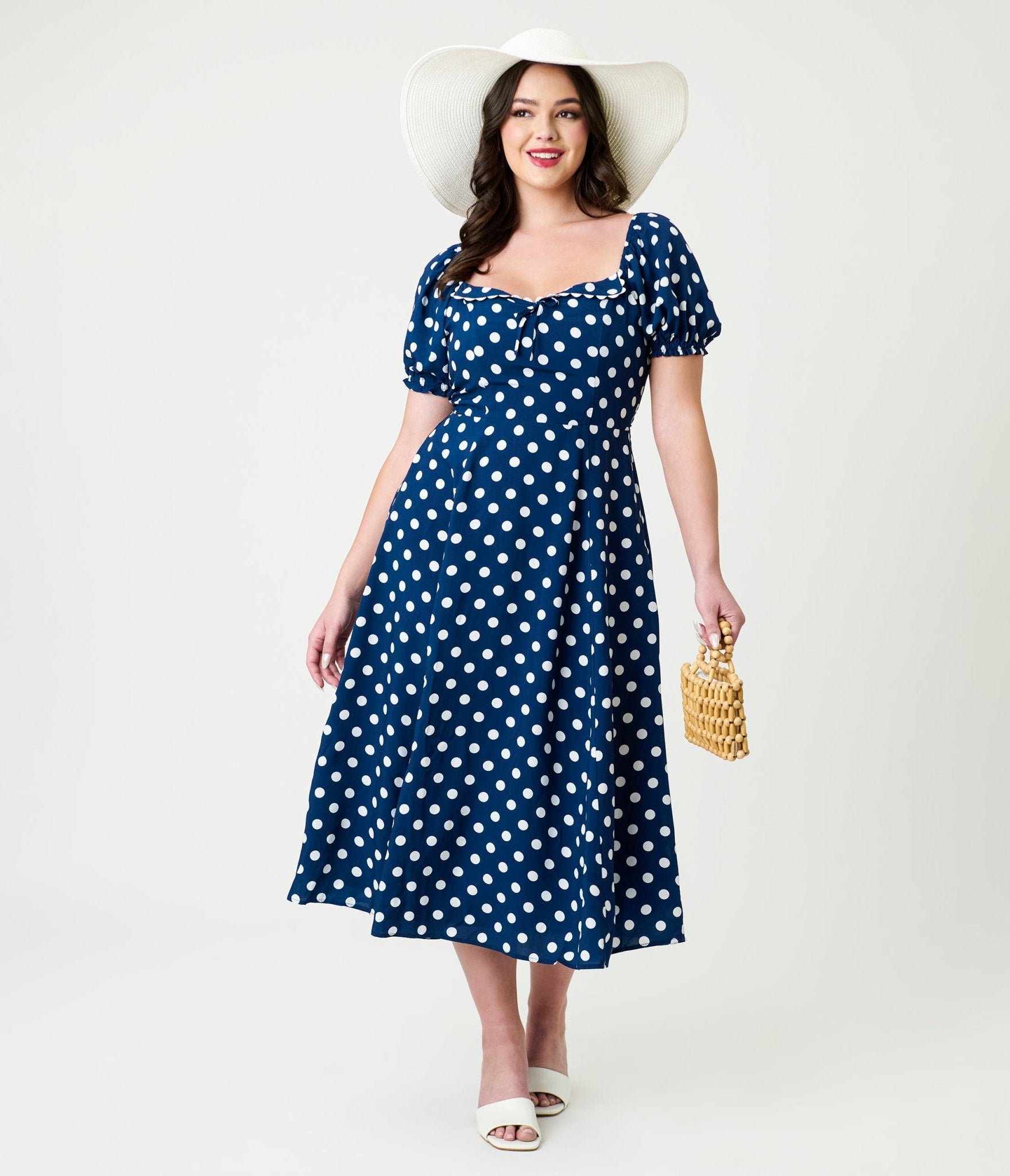 Unique Vintage Navy & White Dot Puff Sleeve Midi Dress - Unique Vintage - Womens, DRESSES, MIDI
