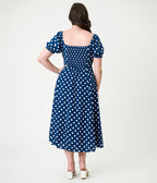 Unique Vintage Navy & White Dot Puff Sleeve Midi Dress - Unique Vintage - Womens, DRESSES, MIDI