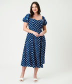 Unique Vintage Navy & White Dot Puff Sleeve Midi Dress - Unique Vintage - Womens, DRESSES, MIDI