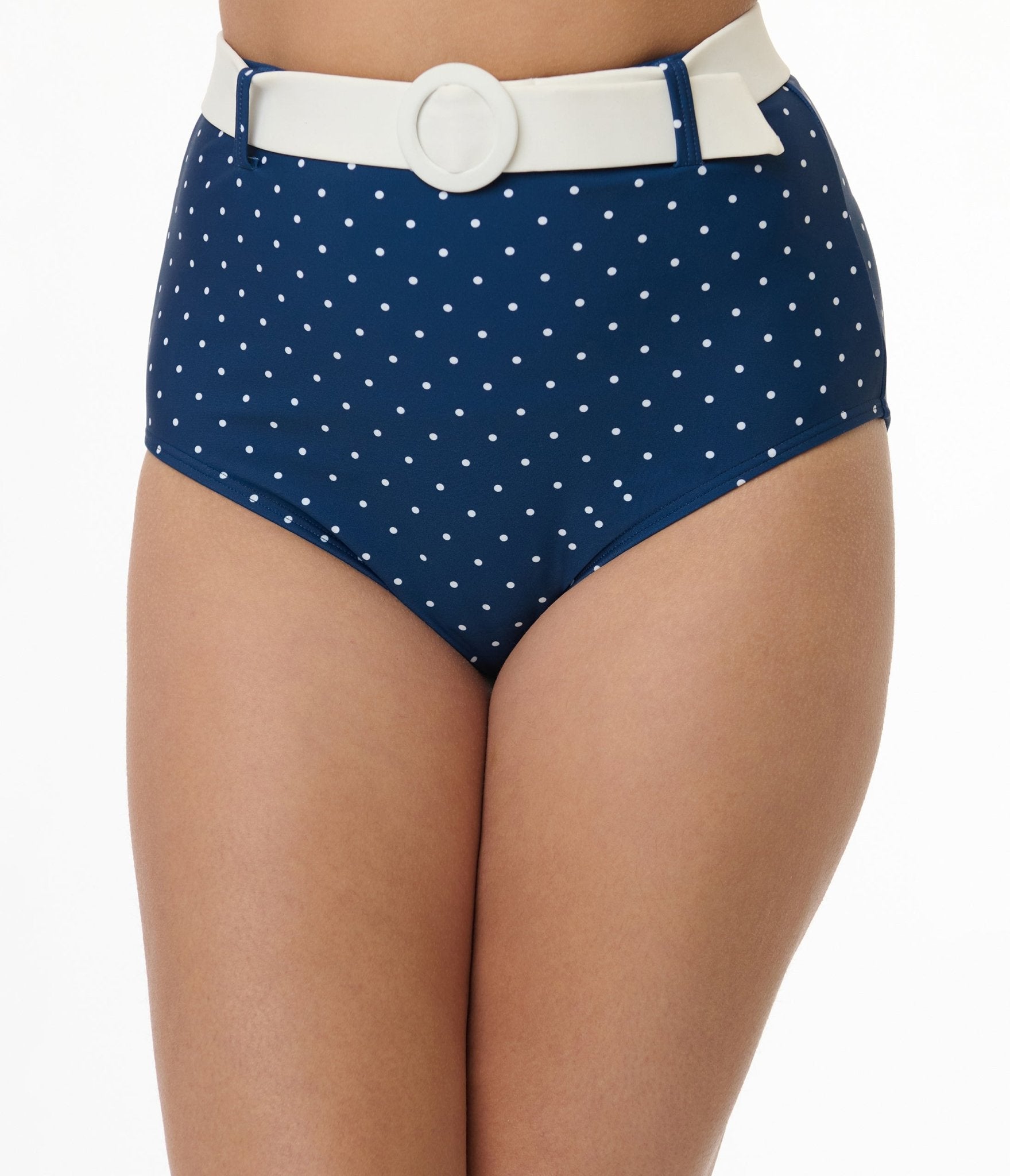 Unique Vintage Navy & White Pin Dot Belted Swim Bottoms - Unique Vintage - Womens, SWIM, BOTTOM