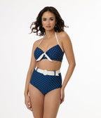Unique Vintage Navy & White Pin Dot Belted Swim Bottoms - Unique Vintage - Womens, SWIM, BOTTOM
