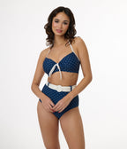 Unique Vintage Navy & White Pin Dot Halter Swim Top - Unique Vintage - Womens, SWIM, TOP