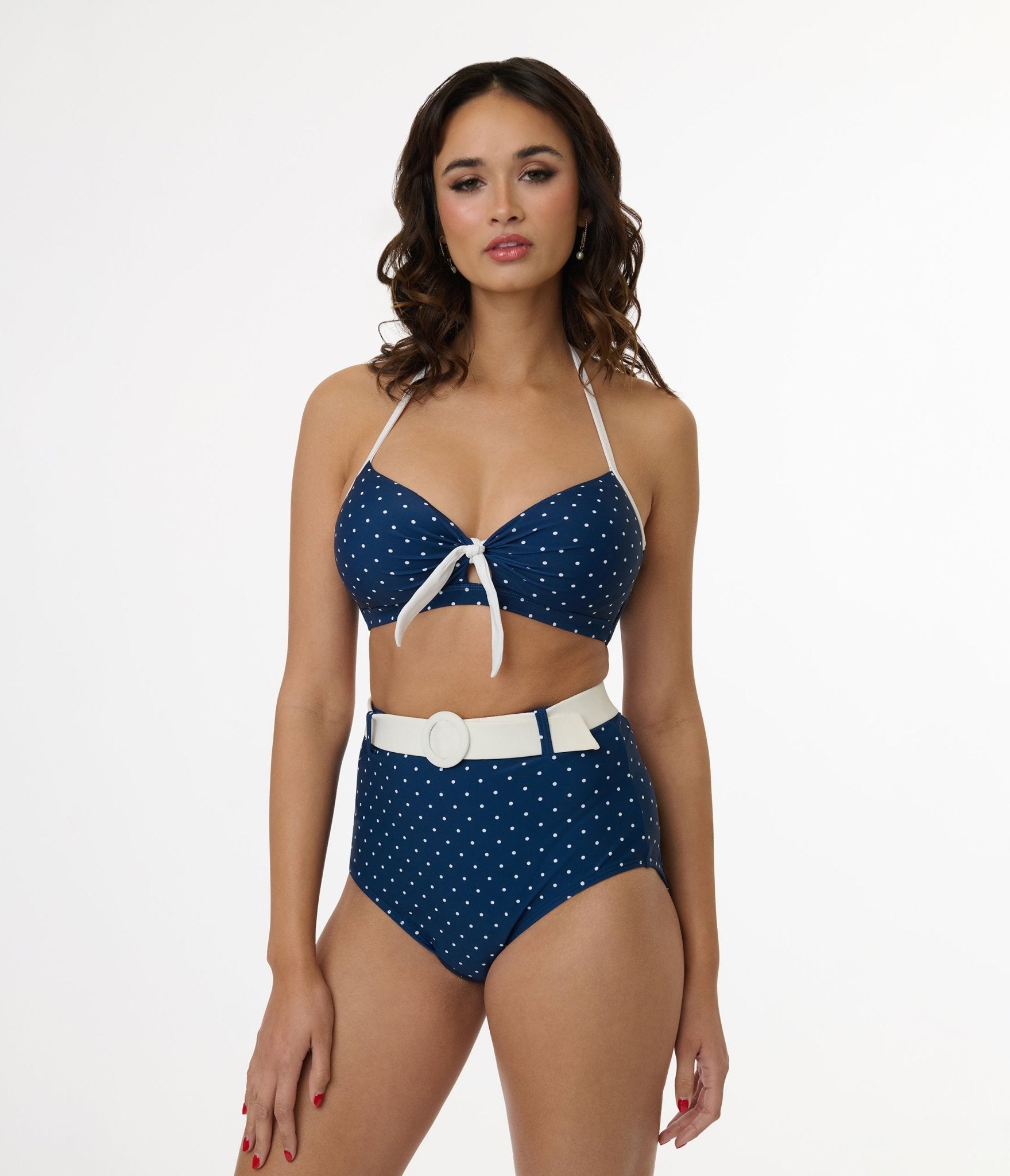 Unique Vintage Navy & White Pin Dot Halter Swim Top - Unique Vintage - Womens, SWIM, TOP