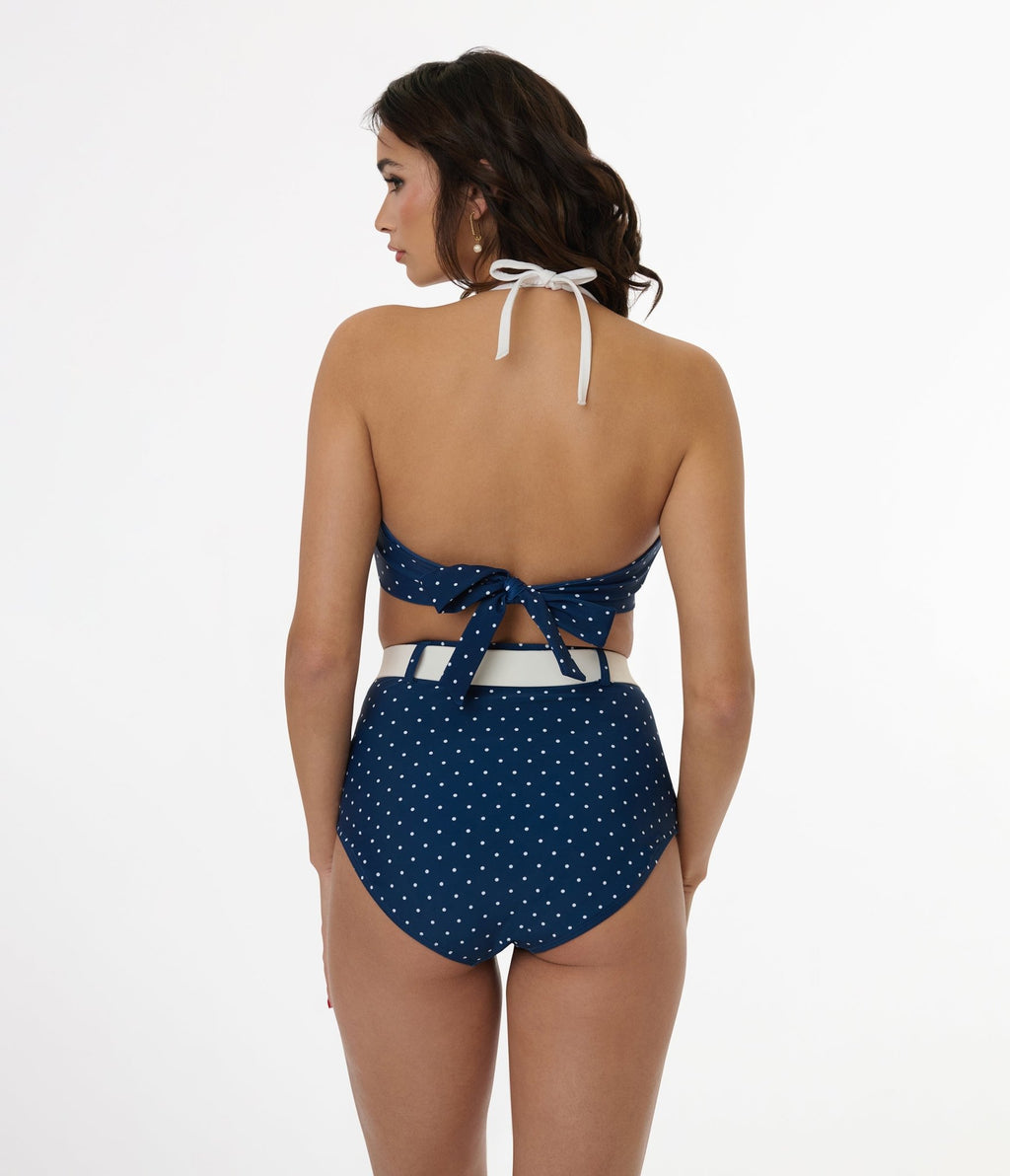 Unique Vintage Navy & White Pin Dot Halter Swim Top - Unique Vintage - Womens, SWIM, TOP