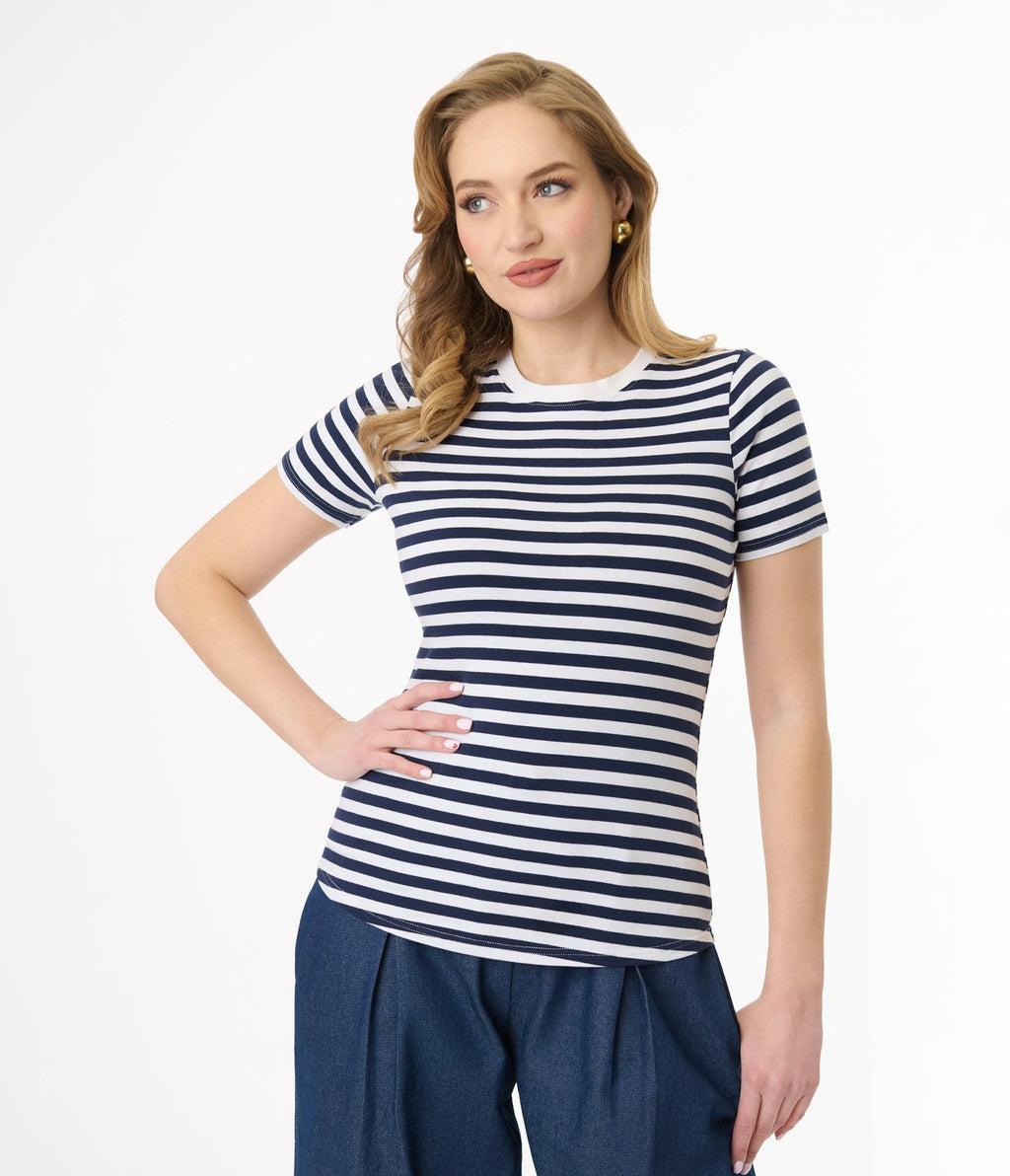 Unique Vintage Navy & White Stripe Cotton Back To Basics Top - Unique Vintage - Womens, TOPS, KNIT TOPS