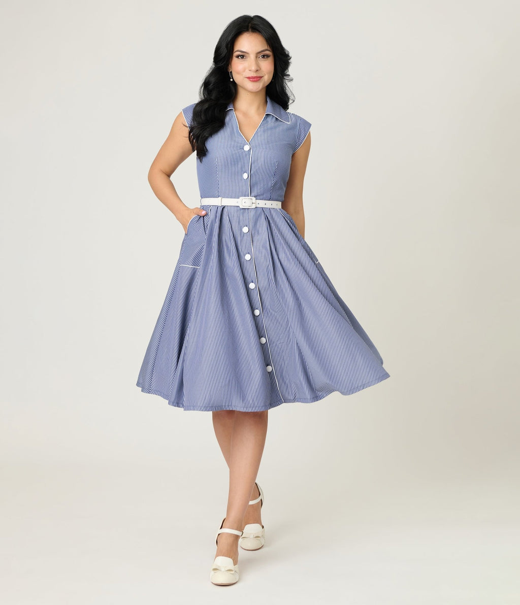 Unique Vintage Navy & White Stripe Shirt Swing Dress - Unique Vintage - Womens, DRESSES, SWING