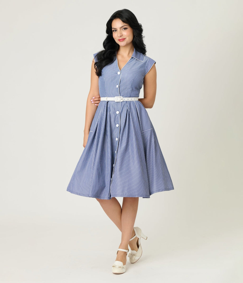 Unique Vintage Navy & White Stripe Shirt Swing Dress - Unique Vintage - Womens, DRESSES, SWING