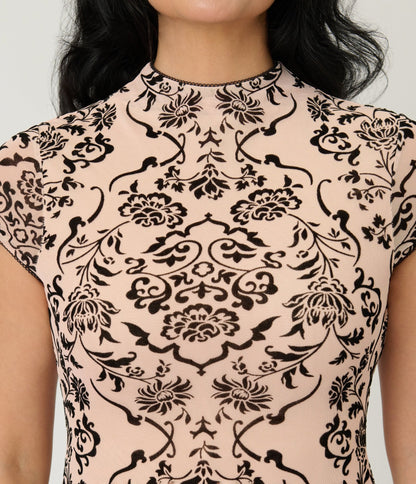 Unique Vintage Nude & Black Burnout Velvet Holly Wiggle Dress - Unique Vintage - Womens, DRESSES, WIGGLE