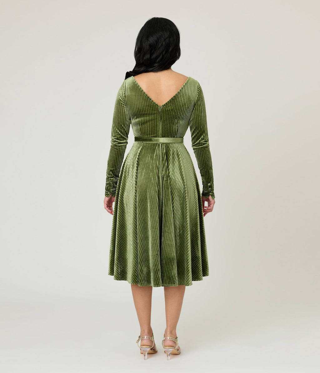 Unique Vintage Olive Green Long Sleeve Devon Swing Dress - Unique Vintage - Womens, DRESSES, SWING
