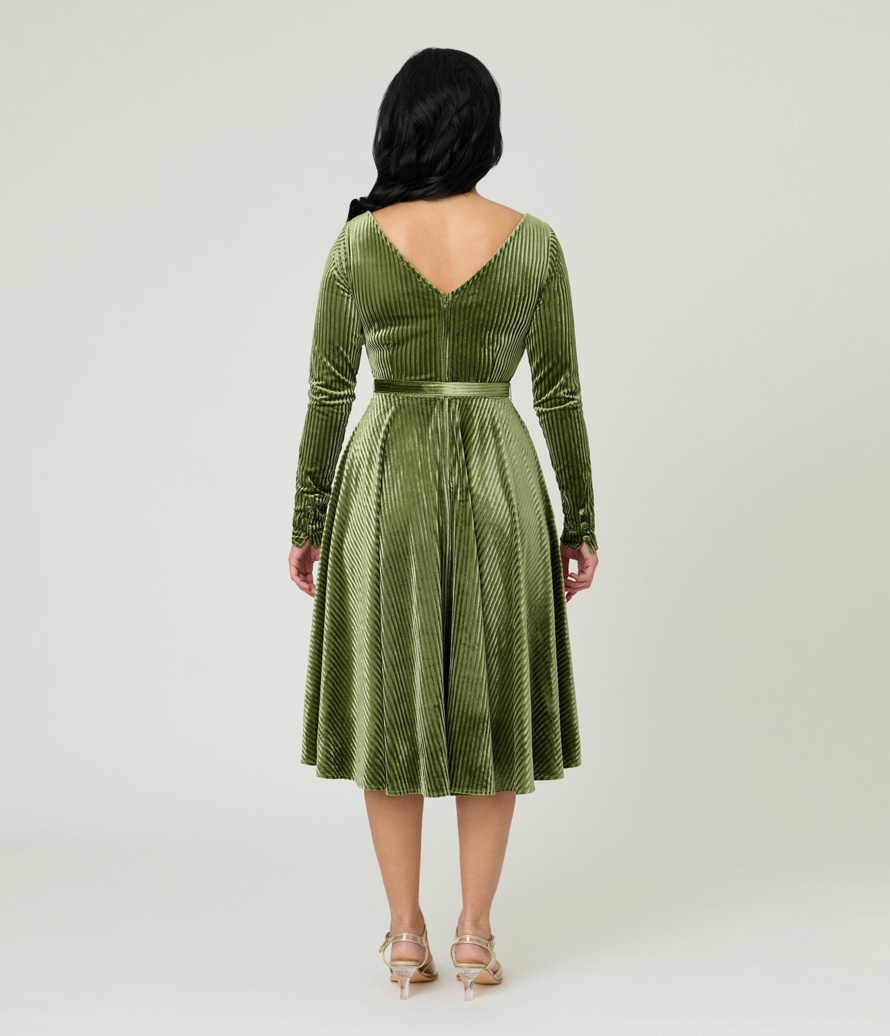 Unique Vintage Olive Green Long Sleeve Devon Swing Dress - Unique Vintage - Womens, DRESSES, SWING