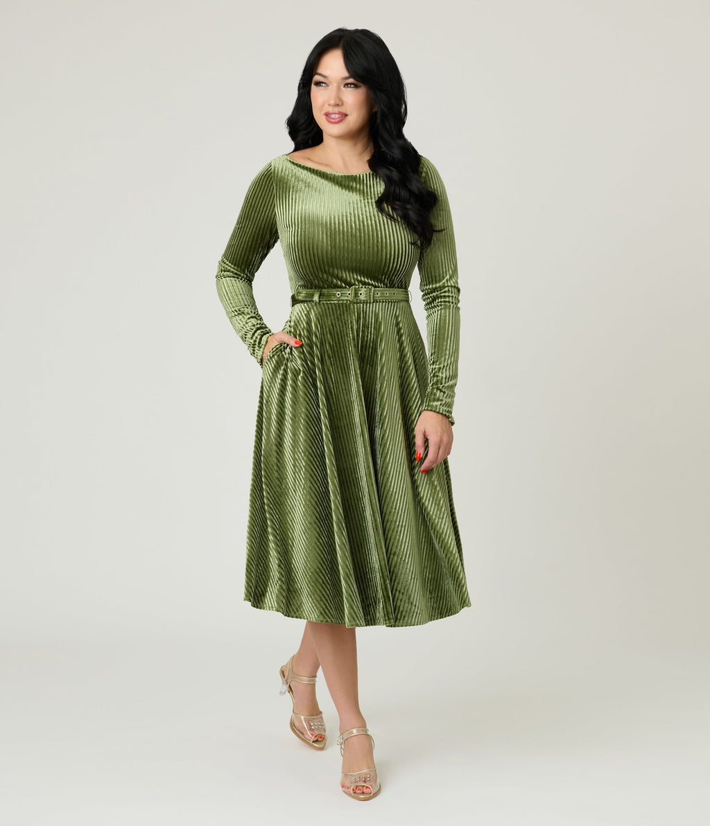 Unique Vintage Olive Green Long Sleeve Devon Swing Dress - Unique Vintage - Womens, DRESSES, SWING