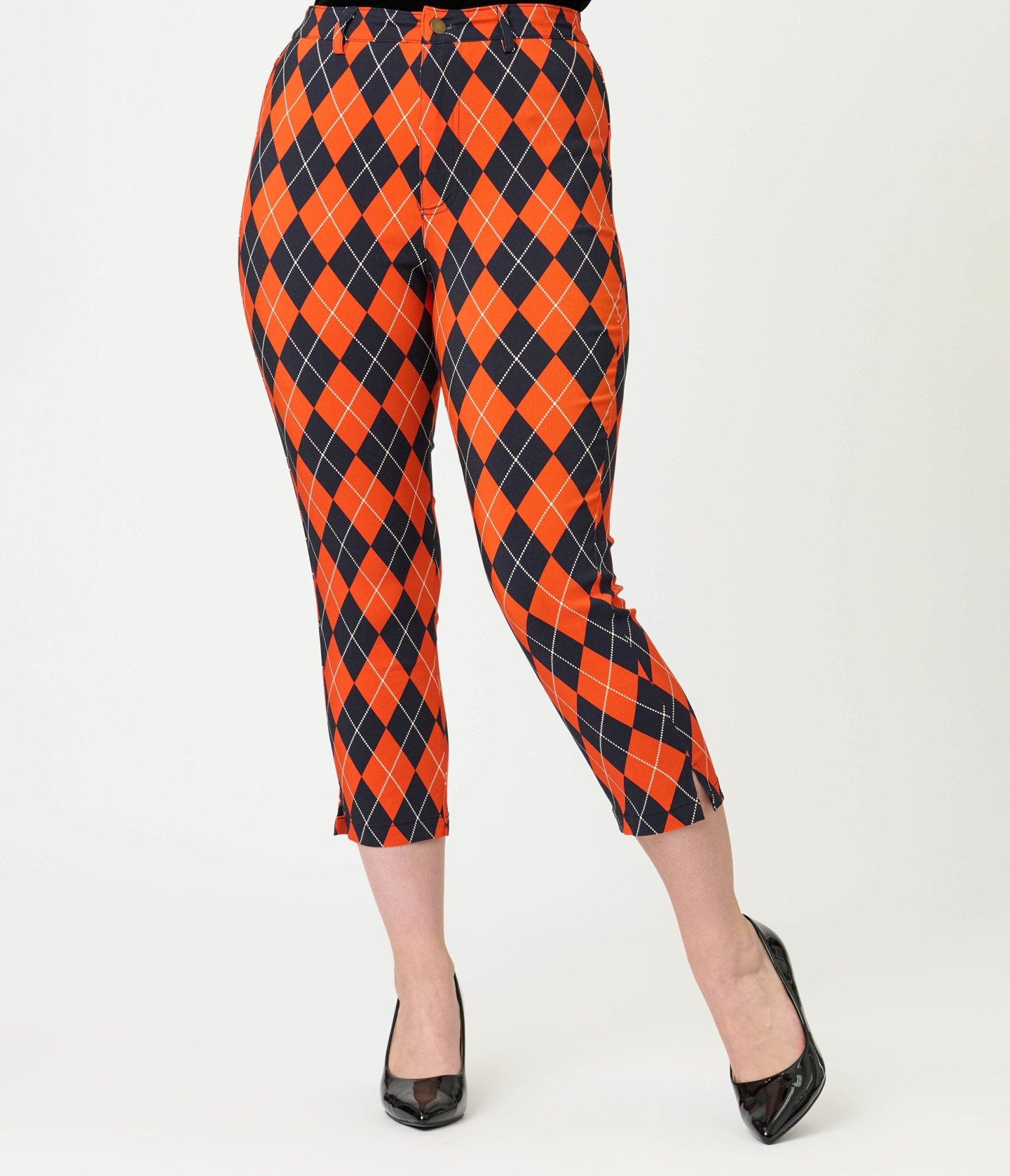 Unique Vintage Orange Argyle Rachelle Capri Pants - Unique Vintage - Womens, BOTTOMS, PANTS