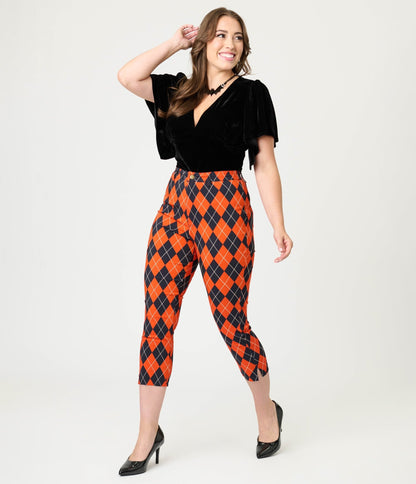 Unique Vintage Orange Argyle Rachelle Capri Pants - Unique Vintage - Womens, BOTTOMS, PANTS